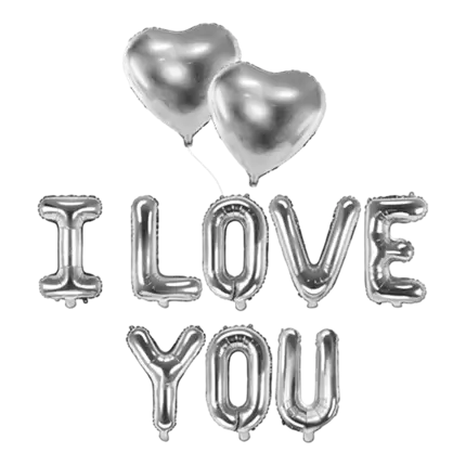 PACK BALLONS I LOVE YOU + 2 BALLONS CŒURS ARGENT