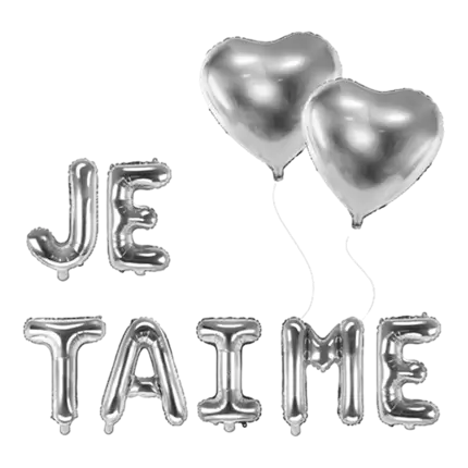 PACK BALLONS JE TAIME + 2 BALLONS COEURS ARGENT