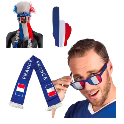 Kit Supporter France Allez les Bleus 4 accessoires : Main Géante en Mousse 49cm, Barbe Tricolore, Echarpe France 135cm, Lunettes Bleues Grille France