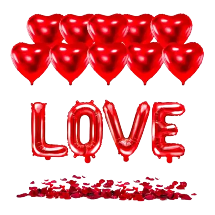 PACK ROMANTIQUE XXL SAINT-VALENTIN - Ballons Cœur Rouge (x10) + 100 pétales de rose rouge + Ballon LOVE  