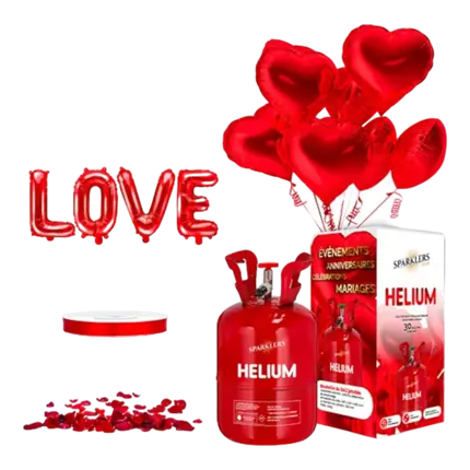 PACK MY VALENTINE RED HEART - Ballons Cœur Rouge (x10) + Bouteille Helium + 100 pétales de rose rouge + Ballon LOVE + Ruban