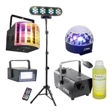 KIT CRAZY SMOKE PARTY – 7 JEUX DE LUMIERE  +  MACHINE A FUMEE F400 AVEC LIQUIDE 