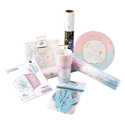 Pack Gender Reveal Mixte - Set de table + 2 Canons à poudre/confettis 