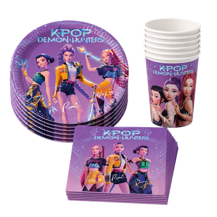 Kit Vaisselle Jetable Anniversaire K-POP Demon Hunters – 8 Assiettes, 8 Gobelets &amp; 20 Serviettes