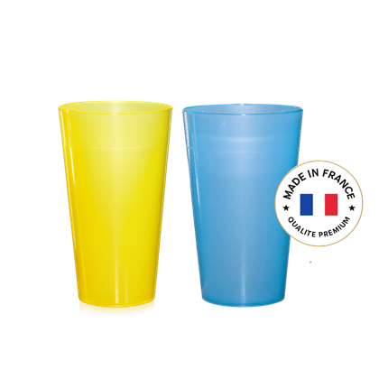 Pack de 2 Gobelets Ecocup Réutilisables Bleu &amp; Jaune 25 cl utile (33 cl ras bord)