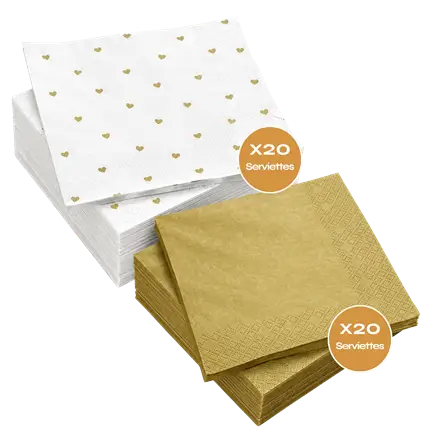 Pack de 2 Lots de 20 Serviettes en Papier – Blanches Cœurs Or &amp; Dorées