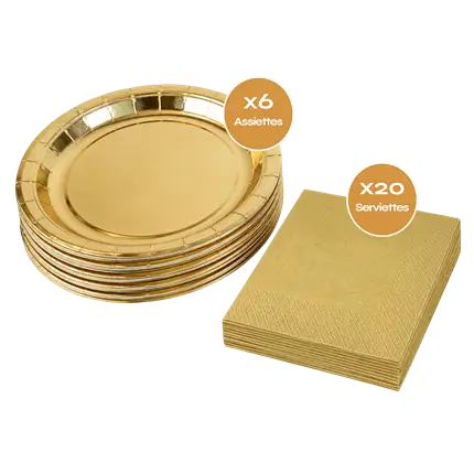 Pack Vaisselle Dorée – 6 Assiettes Rondes 23 cm &amp; 20 Serviettes en Papier Or