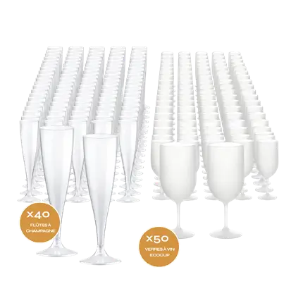 Pack Vin d'Honneur – 50 Verres à Vin Eco Cup 12 cl + 40 Flûtes à Champagne 14 cl Réutilisables