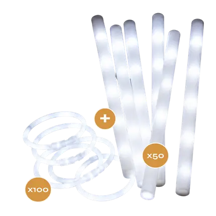 Pack Accessoires Lumineux Blancs – 50 Bâtons LED + 100 Bracelets Fluo