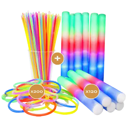 Pack XXL – 120 Bâtons LED Multicolores + 200 Bracelets Fluo Multicolores