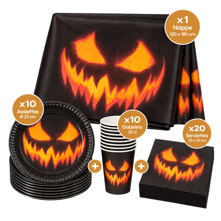 Pack Vaisselle Jetable Halloween Citrouille Effrayante - Assiettes, Gobelets, Nappe, Serviettes