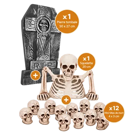 Pack Décoration Cimetière Halloween RIP – 1 Pierre Tombale, Squelette et 12 Têtes de Mort