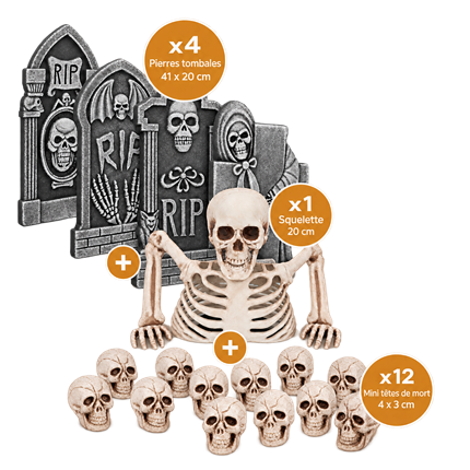 Pack Décoration Cimetière Halloween RIP – 4 Pierres Tombales, Squelette et 12 Têtes de Mort