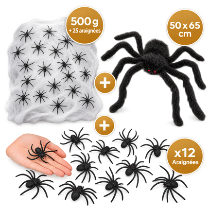 Pack Décoration Halloween Invasion d’Araignées – Toile 500 g, Araignée Géante et 12 Araignées