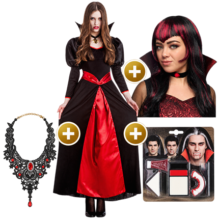 Pack Déguisement Vampire Femme M/L – Costume, Perruque, Collier et Maquillage