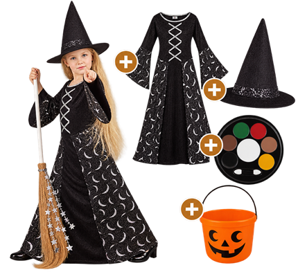 Pack Déguisement Sorcière Fille 7-9 Ans – Costume, Maquillage et Seau à Bonbons