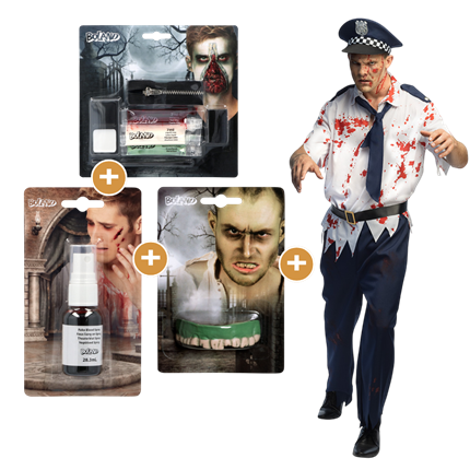 Pack Déguisement Policier Zombie Homme M/L – Costume, Maquillage, Dents et Faux Sang