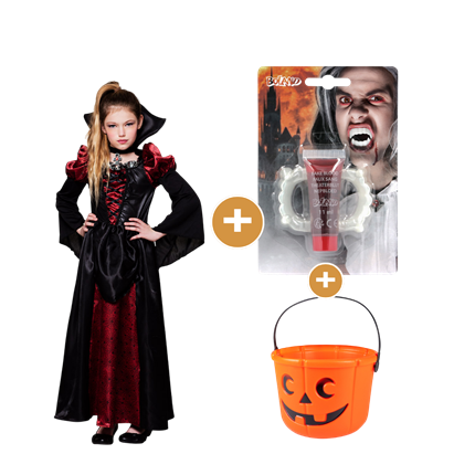 Pack Déguisement Reine Vampire Fille 7-9 Ans – Costume, Dents, Faux Sang et Seau à Bonbons