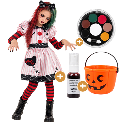 Pack Déguisement Poupée Possédée Fille 7-9 Ans – Costume, Maquillage, Faux Sang et Seau à Bonbons
