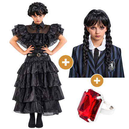 Pack Déguisement Mercredi Enfant 140 cm – Robe de Bal, Perruque et Bague