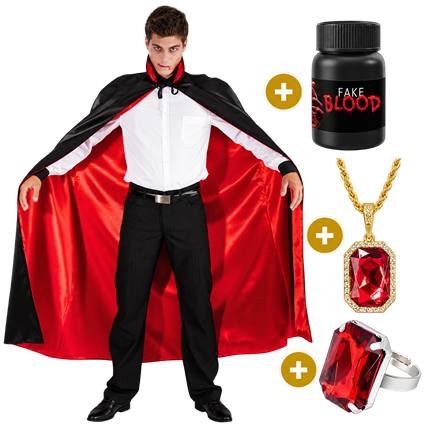 Pack Déguisement Dracula Chic – Cape 152 cm, Bague, Collier Rubis et Faux Sang