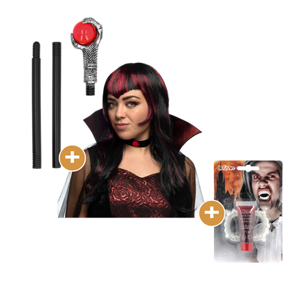 Pack Vampire 3 Pièces – Perruque, Dents avec Faux Sang et Sceptre Halloween