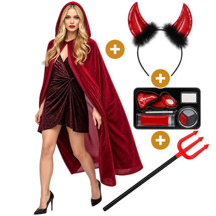 Pack Diable 4 Pièces – Cape Rouge, Trident, Cornes et Maquillage Halloween