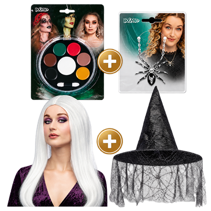 Pack Déguisement Sorcière Glam 4 Pièces – Chapeau, Perruque Blanche, Collier Araignée et Maquillage Halloween