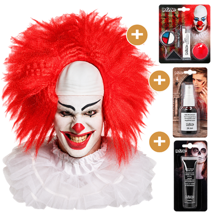 Pack Clown Horreur 4 Produits – Perruque, Maquillage, Faux Sang et Maquillage Noir Halloween