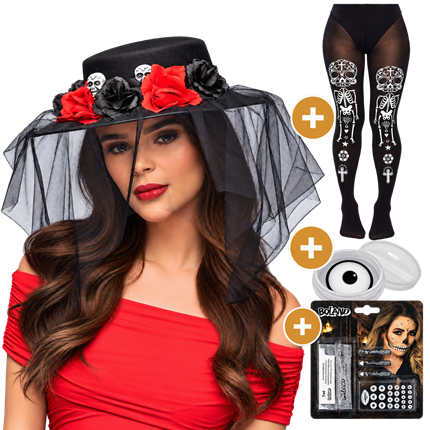 Pack Dia de los Muertos 4 Produits – Chapeau, Collant Squelette, Maquillage et Lentilles Halloween