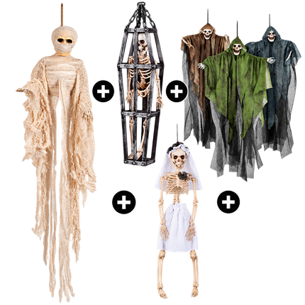 Pack Suspensions Maison Hantée 4 Pièces – Squelettes, Fantôme et Momie Halloween