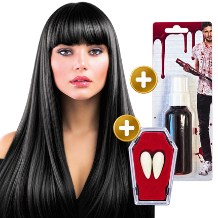 Pack Vampire Express 3 Pièces – Perruque Noire, Canines et Faux Sang Halloween