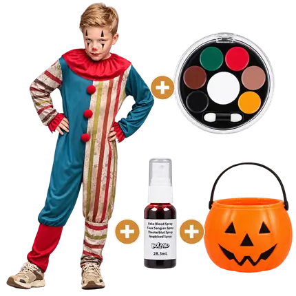Pack Clown Maléfique Enfant 7-9 Ans – Costume, Maquillage, Faux Sang et Seau Halloween
