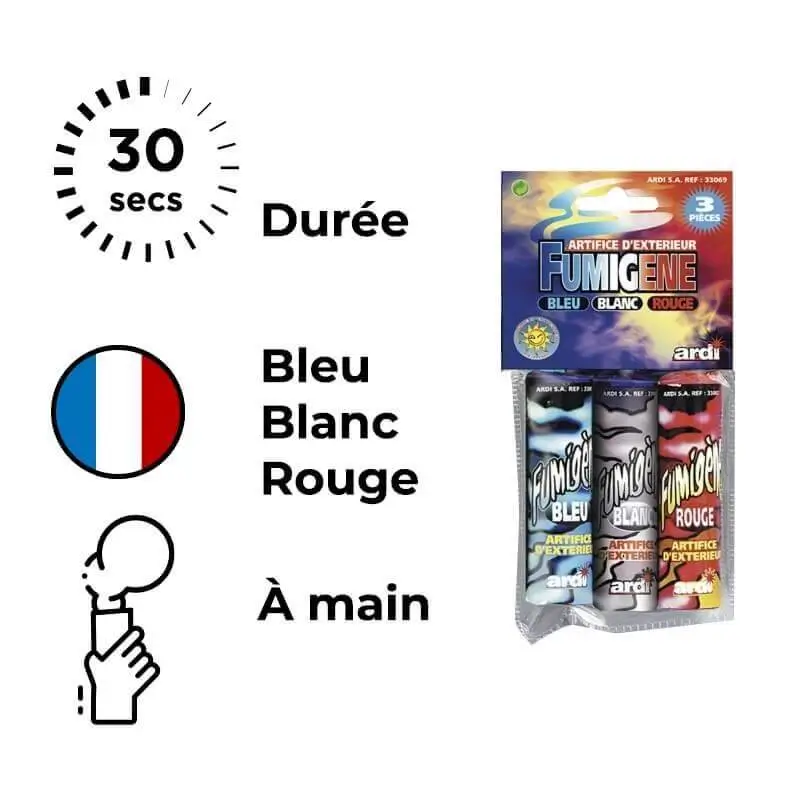 Lot de 3 fumigènes tricolor 30 secondes à mains 