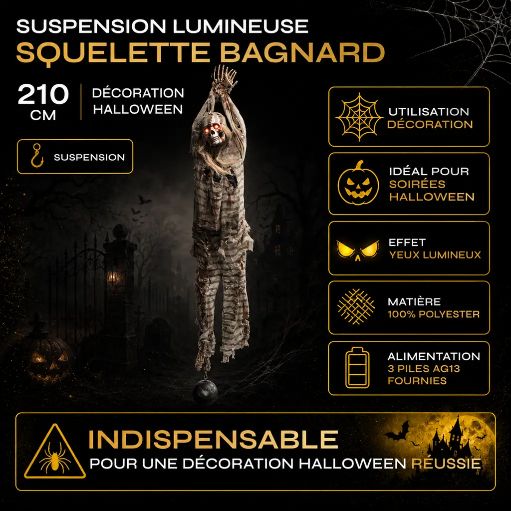 Suspension lumineuse squelette bagnard avec boulet 210cm