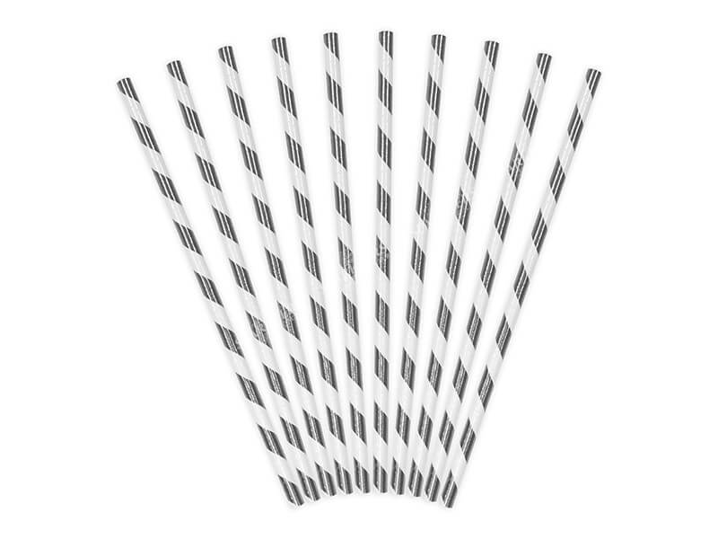 10 Pailles en papier de couleurs argent à rayures blanches
