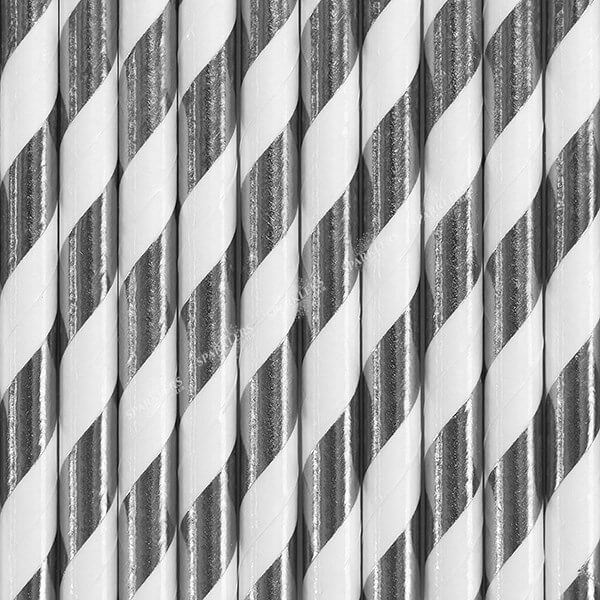 10 Pailles en papier de couleurs argent à rayures blanches