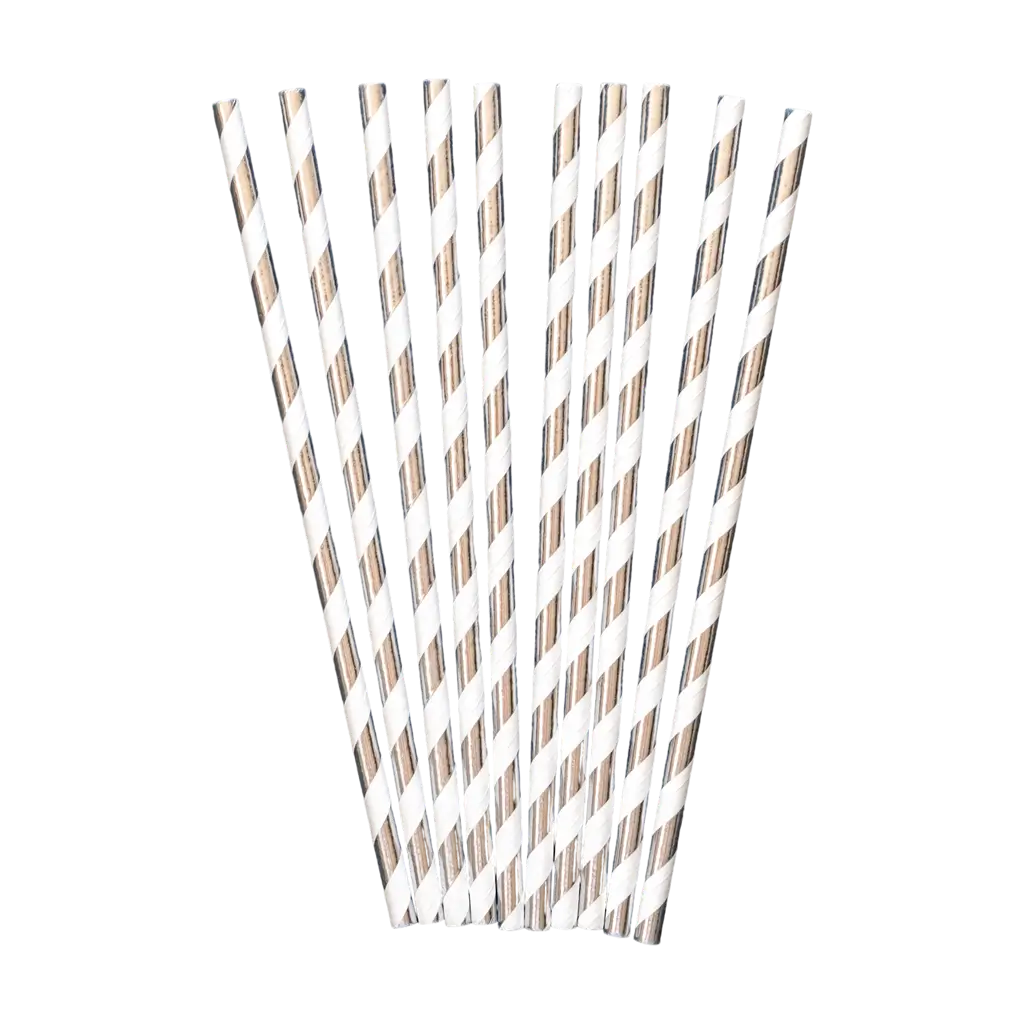 10 Pailles en papier de couleurs argent à rayures blanches