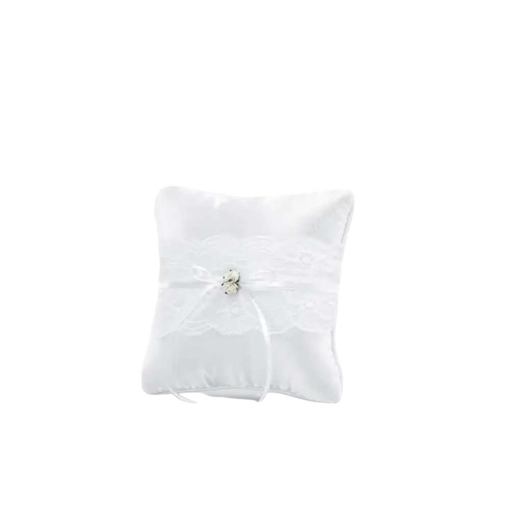 Coussin porte alliances blanc avec dentelle et roses blanche