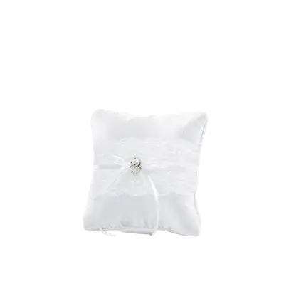 Coussin porte alliances blanc avec dentelle et roses blanche