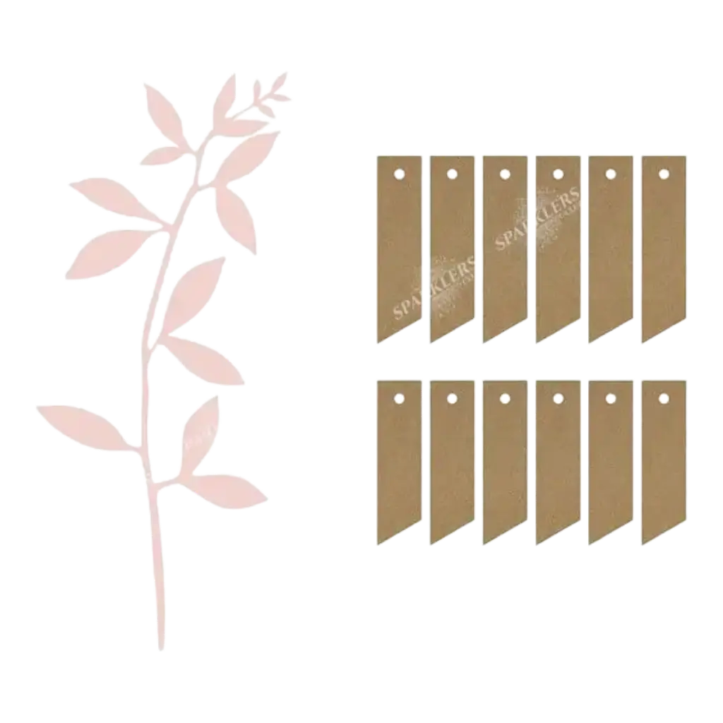 Branche avec décor de feuilles, rose poudré avec étiquettes