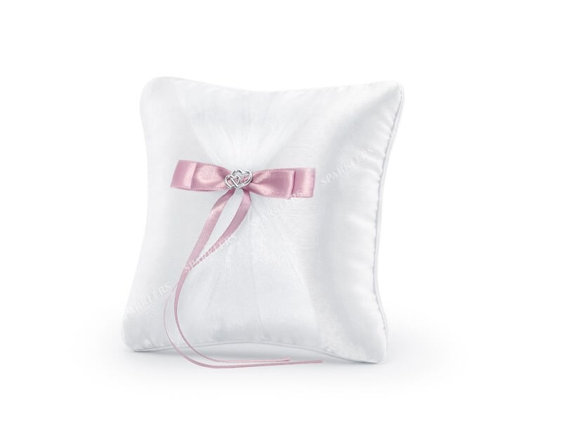 Coussin porte alliance mariage coussiné blanc lacet rose