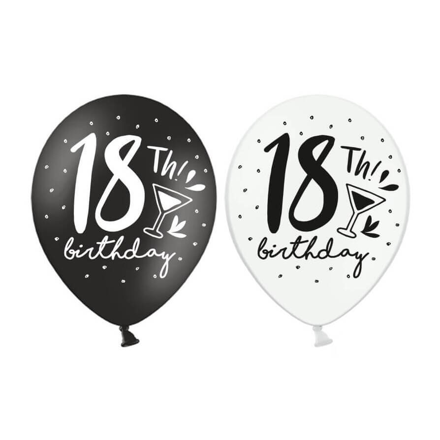 Ballons "BIRTHDAY 18th" Noirs & Blancs (Lot de 6)