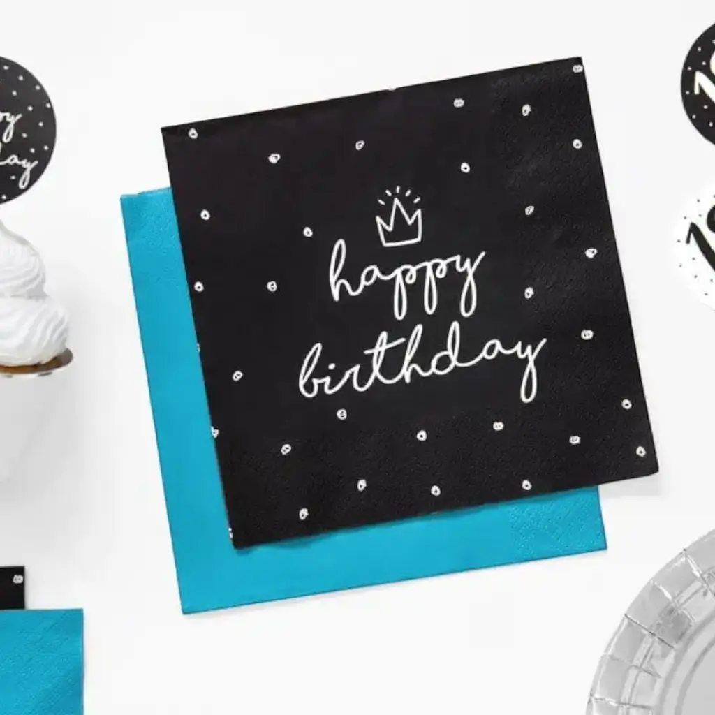 Lot de 20 serviettes en papier Happy Birthday noires