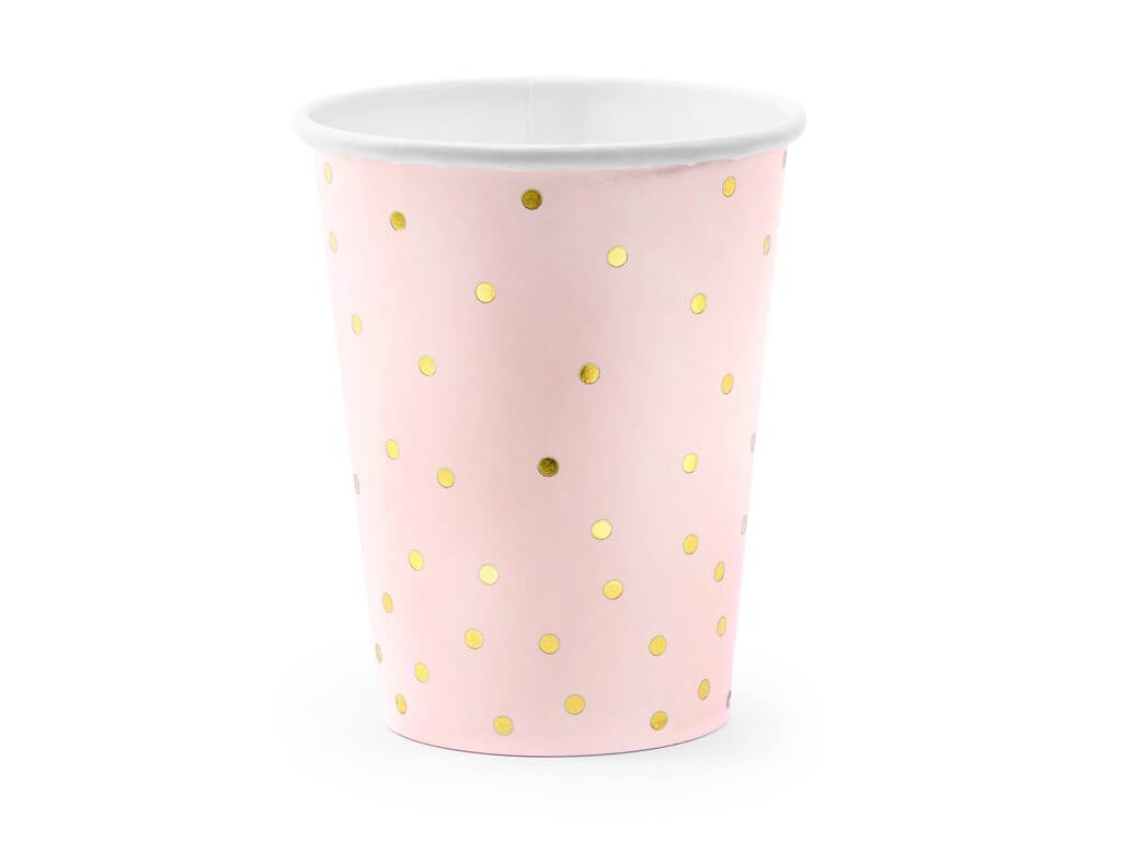 Lot de 6 verres en papier rose avec motif à pois doré