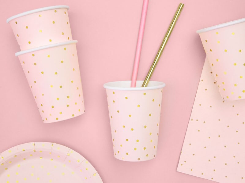 Lot de 6 verres en papier rose avec motif à pois doré