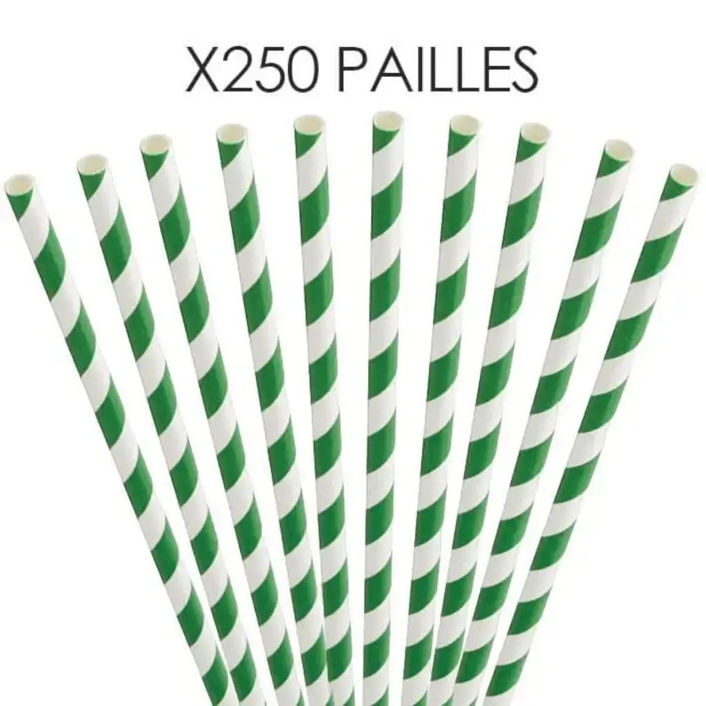 Paille papier rayée verte 20cm / ø6mm (250 pcs)