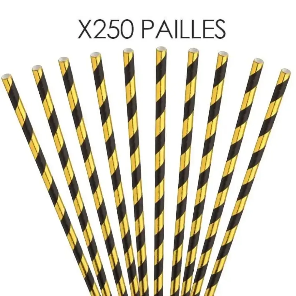 Paille papier rayée Or/Noire20cm /ø6mm (250 pcs)