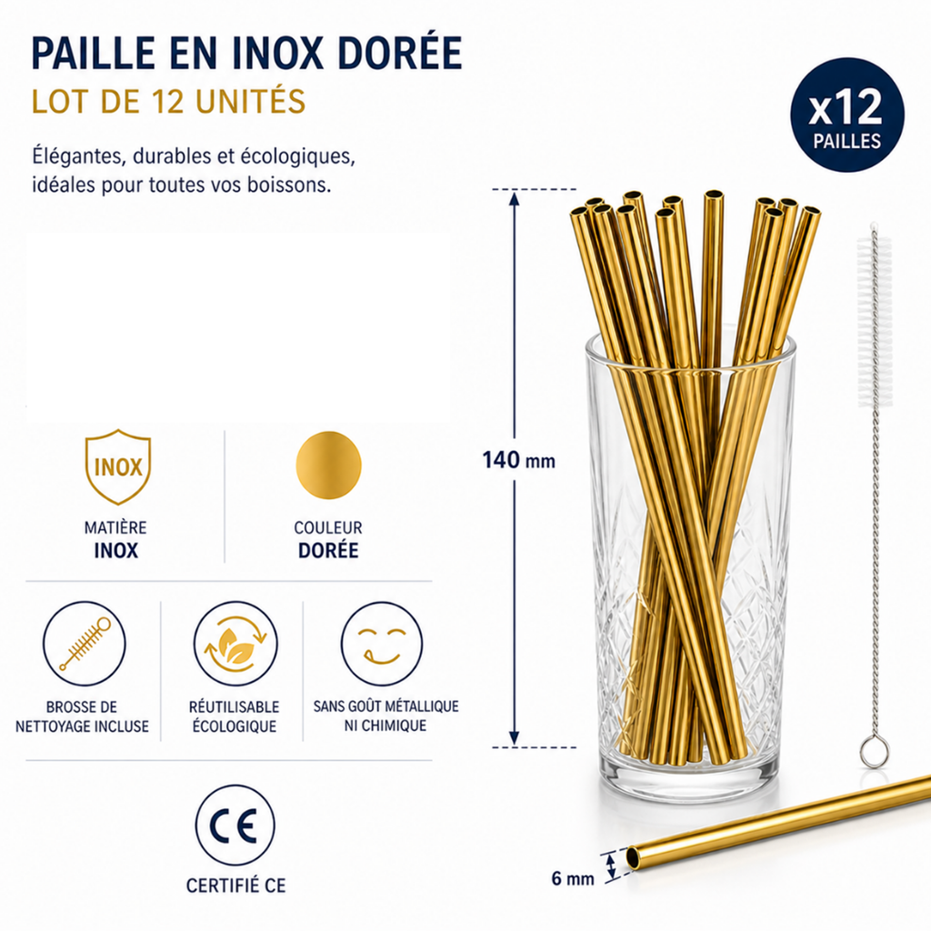 Paille inox réutilisable Or 14cm /ø6mm (12pcs)