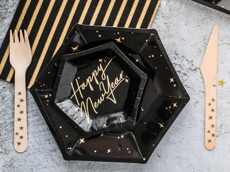 Assiette en papier noire avec motif or (Lot de 6) 